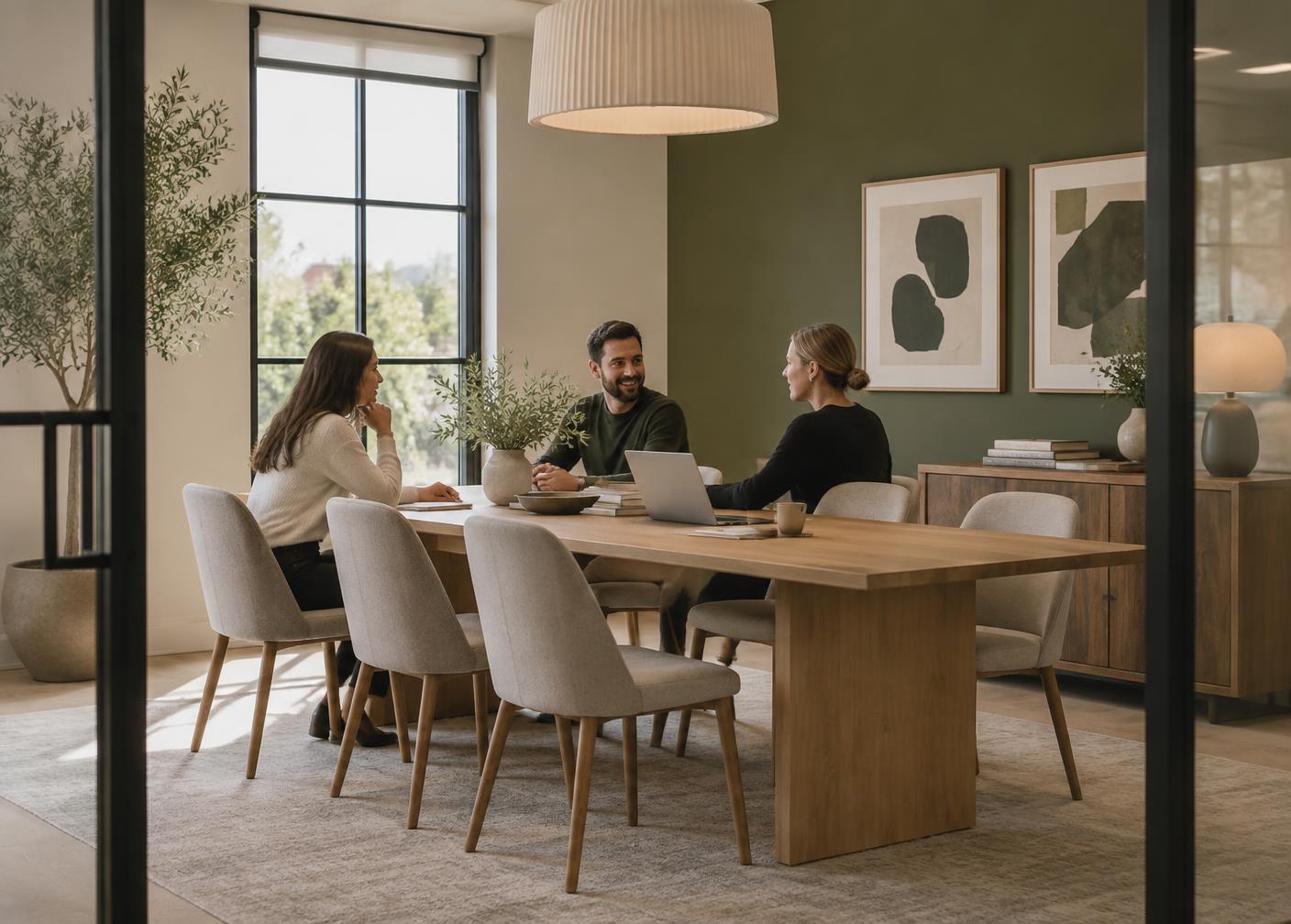 A small team talking together around a timber table in a quiet, naturally lit meeting room